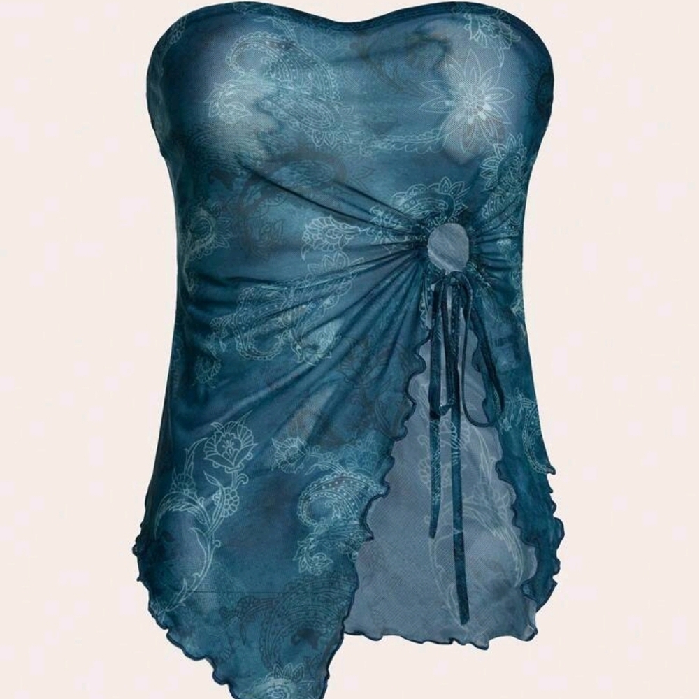 ROMWE Blue Strapless Floral Cropped Tube Top
